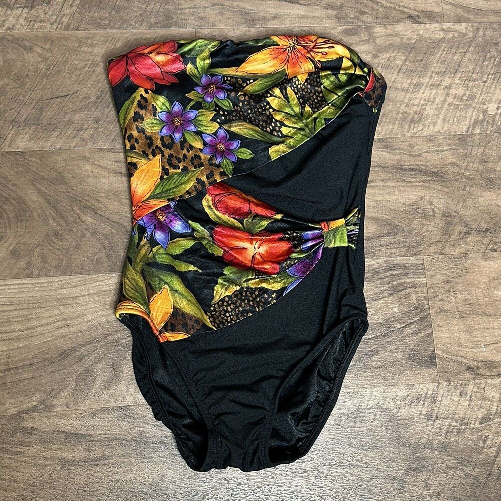 Longitude Swimsuit 8 One Piece Strapless Bandeau Black Floral